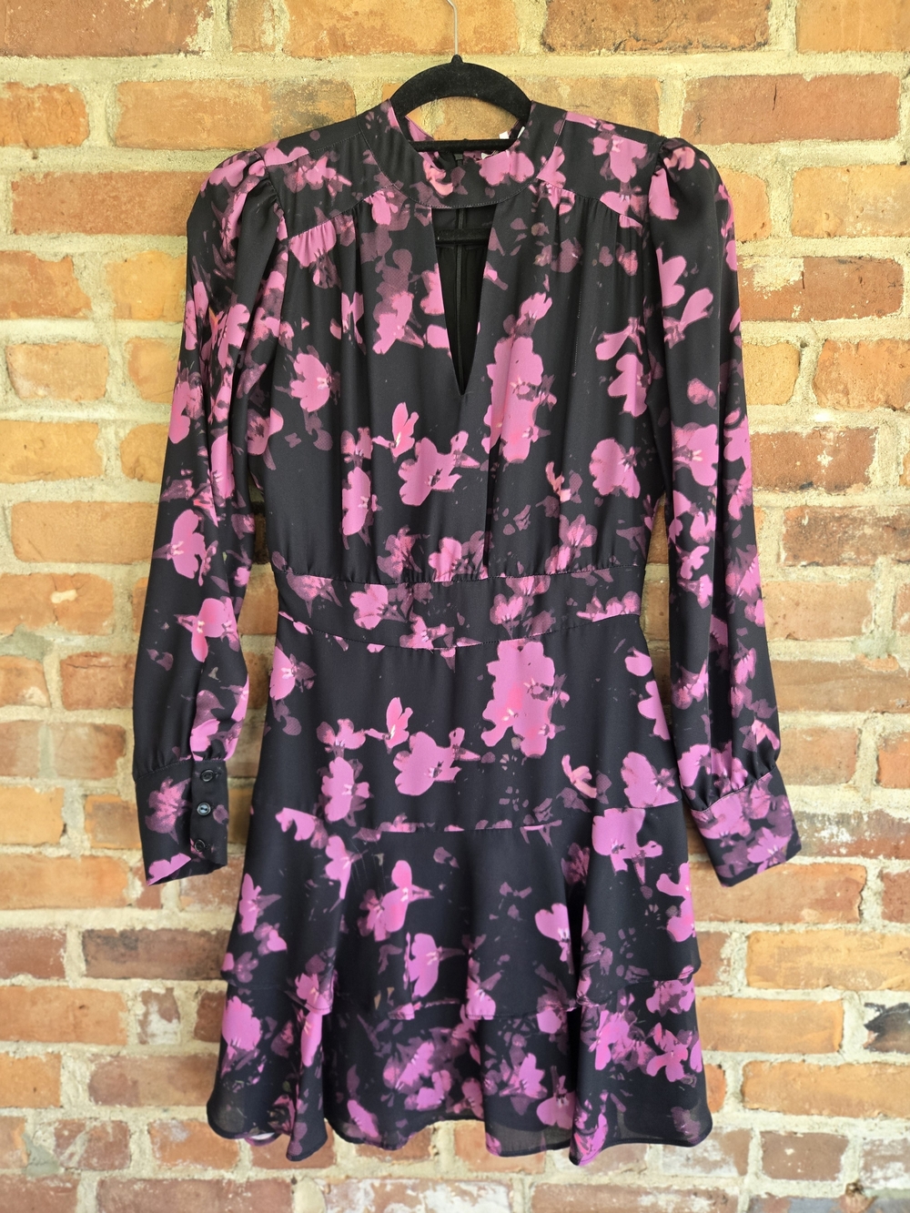 Parker Black Dress with Pink Floral Print, Long Sleeve